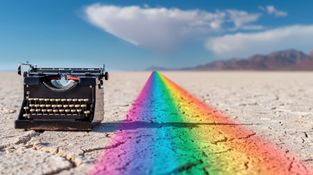 A vintage typewriter sits on the cracked ground of a desert, leading to a vibrant rainbow path under a clear blue sky, symbolizing creativity and inspiration.の素材