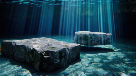 Captivating underwater scene featuring clear water, rocks, and soft rays of light filtering through in a tranquil cave setting. Ideal for nature lovers.の素材