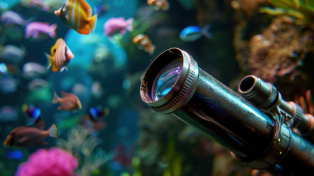 A stunning view through a glass tube offers a glimpse into a lively underwater world filled with colorful fish and lush marine flora, capturing the essence of ocean beauty.の素材
