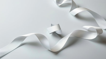 A beautiful white satin ribbon rests gracefully on a soft gray background, perfect for adding a touch of elegance to creative projects and gifts.の素材