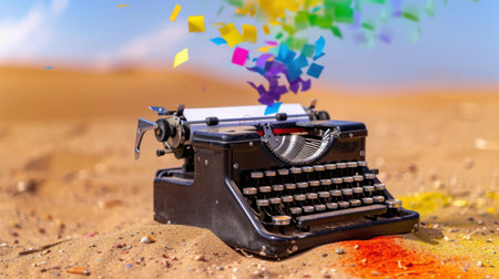 A vintage typewriter rests in a serene desert landscape, surrounded by vibrant confetti. This image symbolizes creativity and the power of imagination.の素材