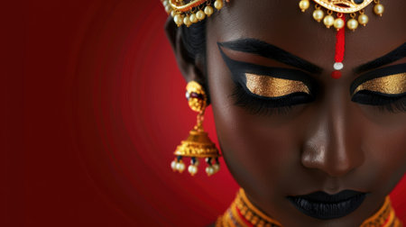 Experience the captivating beauty and artistry of traditional Indian makeup, featuring stunning jewelry and a vibrant red background to enhance the elegance and sophistication.の素材