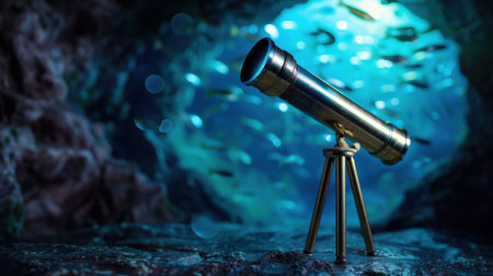 An antique bronze telescope rests on a tripod near shimmering water, capturing the essence of exploration in a tranquil underwater scene.の素材