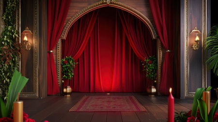 An exquisite stage setting featuring rich red curtains and tasteful floral arrangements, perfect for theatrical performances, events, or special occasions.の素材