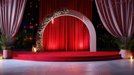 Stunning red stage setup featuring a floral arch, soft lights, and elegant curtains, perfect for various events and celebrations, creating an inviting atmosphere.の素材