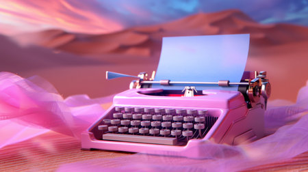 A vintage pink typewriter stands out amidst a dreamy desert landscape, accentuated by a colorful sky and soft fabric drapes, evoking nostalgia and creativity.の素材