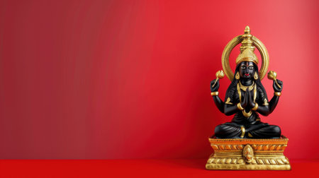 This striking black and gold statue of a Hindu goddess sits against a vibrant red background, perfect for cultural and spiritual themes in digital media.の素材
