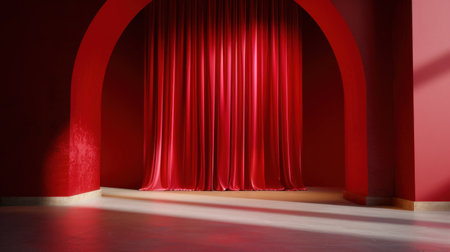 A striking interior featuring rich red curtains flowing gracefully within a stylish archway, illuminated by soft light, creating a captivating ambiance.の素材
