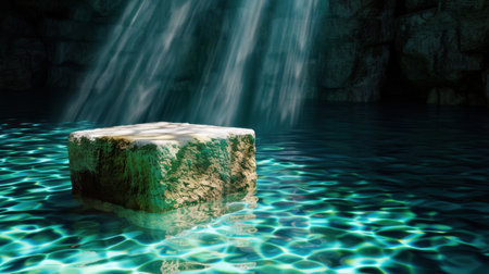 A captivating scene where sunlight penetrates the water, illuminating a solitary stone. The tranquil blue pool creates a peaceful atmosphere, evoking feelings of calmness and reflection.の素材