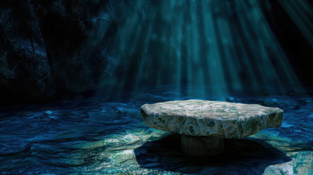 A tranquil underground scene featuring a solitary stone table surrounded by calm water, illuminated by soft rays of light, creating a mystical atmosphere.の素材