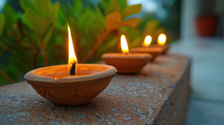 Softly glowing oil lamps illuminate a serene outdoor space, creating a calming atmosphere perfect for celebrations, rituals, or personal reflection.の素材