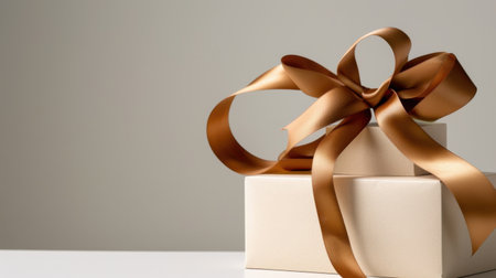 A beautifully wrapped gift box adorned with an elegant bronze ribbon sits against a minimalist background, perfect for celebrating special occasions and expressing joy.の素材