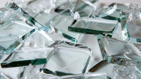 Close-up view of shattered glass pieces creates an abstract background perfect for various design projects. The sharp edges and clean surfaces reflect light beautifully.の素材