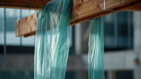 This captivating image features delicate flowing fabric gracefully draped from a rustic wooden structure, creating an elegant visual in soft natural light.の素材