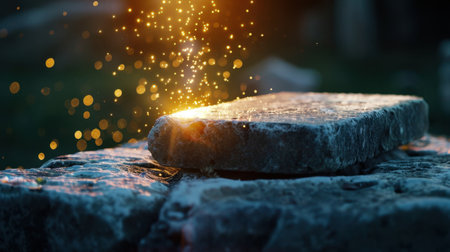 A captivating image of a stone surface under soft, glowing light, enhanced by sparkles that create a whimsical atmosphere in a serene outdoor setting.の素材