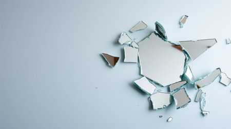 This image showcases a collection of shattered glass pieces arranged on a light surface, highlighting the interplay of reflections and textures. The sharp edges and irregular shapes create a visually striking composition perfect for modern decor or artistic projects.の素材