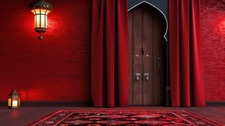 This captivating interior scene features rich red walls, decorative lanterns casting warm light, a beautiful carpet, and an arched door, creating a stunning ambiance.の素材