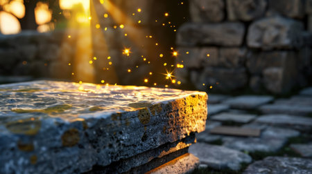 This image features a close-up of a stone surface illuminated by shimmering particles of light during a tranquil sunset, creating a serene atmosphere.の素材