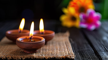 This captivating image features three oil lamps glowing softly against a dark background, creating a peaceful atmosphere. Colorful flowers add beauty.の素材