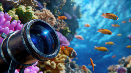 A stunning underwater scene featuring a camera lens amidst vibrant coral and tropical fish, capturing the beauty and wonder of marine life and ecosystems.の素材