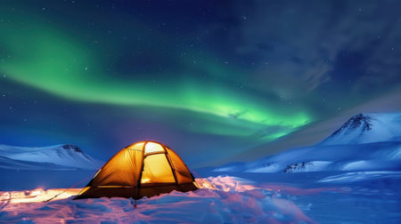 A stunning view of a camping tent surrounded by vast snow-covered terrain, illuminated by the brilliant northern lights dancing across the night sky.の素材