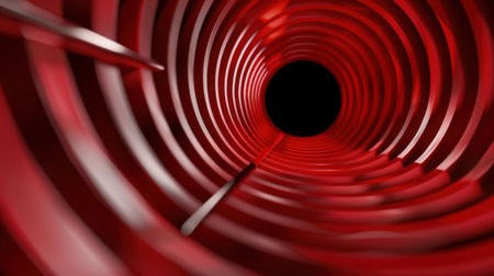This captivating abstract image features a red spiral tunnel design, drawing the viewer's eye toward a dark center. The smooth curves and vibrant colors create a mesmerizing visual effect, perfect for artistic or creative projects.の素材