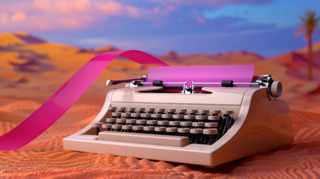 This captivating image features a vintage typewriter set in a serene desert landscape, complete with a vibrant pink ribbon, evoking creativity and nostalgia.の素材