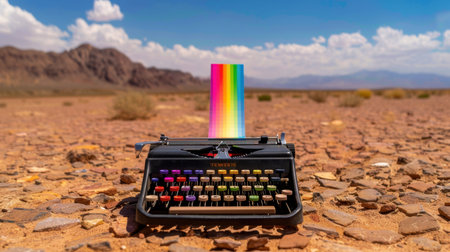 A vintage typewriter sits prominently against a rocky desert backdrop, featuring vibrant paper that adds a pop of color. The dramatic sky enhances the serene atmosphere, inviting creativity.の素材