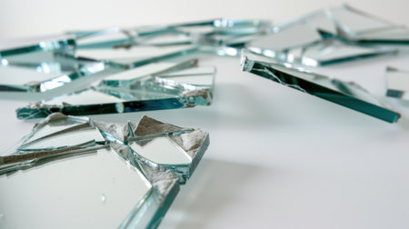 An artistic arrangement of shattered glass pieces scattered on a white surface, highlighting reflections, sharp edges, and the fragile beauty of broken materials.の素材