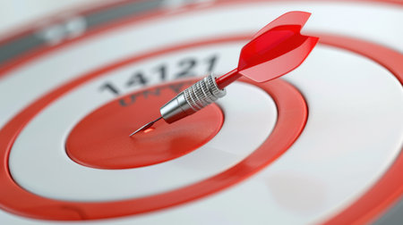 A close-up image of a dart perfectly hitting the bullseye of a target. This symbolizes focus, precision, and the thrill of competition in various contexts.の素材