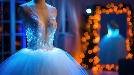 This stunning display features an elegant dress adorned with LED lights against a dreamy bokeh background, perfect for fashion-related photography.の素材