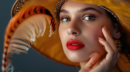 Artistic portrait of a woman with striking red lips and an elegant hat adorned with feathers, capturing beauty and confidence with a soft gray backdrop.の素材