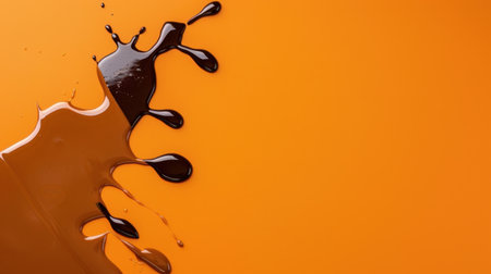 A stunning closeup of dark chocolate splashing against a vibrant orange background, offering an appealing look ideal for food photography and creative projects.の素材