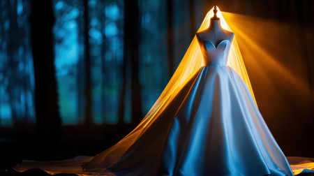 A stunning wedding dress showcased on a mannequin, illuminated by soft light in a serene forest environment, creating a dreamlike atmosphere.の素材