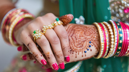 Close-up view of beautiful hands adorned with intricate henna designs, colorful bangles, and elegant rings, celebrating traditional Indian bridal elegance.の素材
