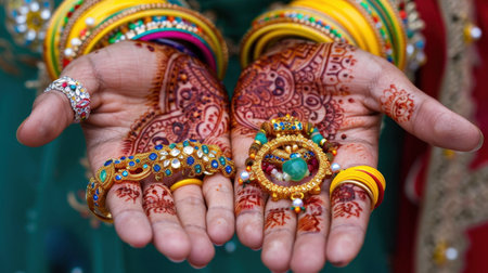 Hands adorned with intricate mehndi and a variety of colorful bangles display traditional jewelry, celebrating cultural elegance and beauty in craftsmanship.の素材