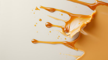A beautiful close-up of smooth caramel sauce flowing gracefully on a light background, capturing the delightful splashes and drips of this sweet treat.の素材