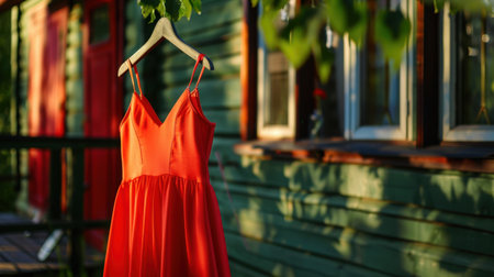 A bright orange summer dress gracefully hangs from a wooden hook, complemented by a vibrant green house in the background, capturing the essence of sunny days.の素材