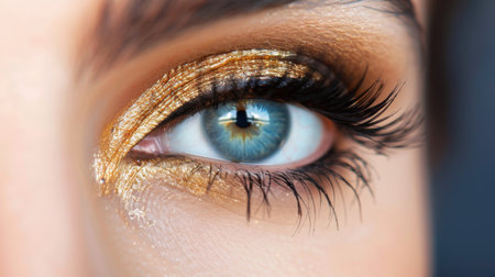 This captivating close-up showcases an exquisite eye with a vibrant blue iris adorned with shimmering gold makeup, creating an artistic and elegant look.の素材