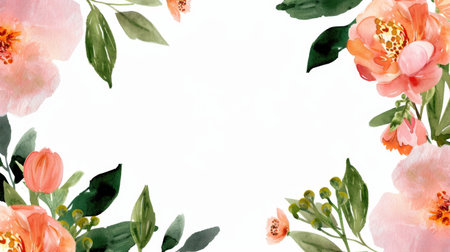 This elegant floral border features soft peach and pink blooms with lush greenery on a clean white background, perfect for various creative projects.の素材