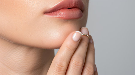 This close-up image features a woman's hand delicately holding a ring, emphasizing soft lips and smooth skin tones, capturing elegance and beauty.の素材