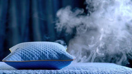A soft blue pillow rests on a cozy bed, with gentle smoke rising in the background, creating a serene and peaceful atmosphere for relaxation and comfort.の素材