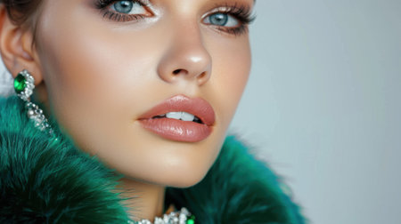 A captivating close-up portrait showcasing a glamorous woman with stunning makeup and luxurious accessories, exuding elegance and confidence.の素材