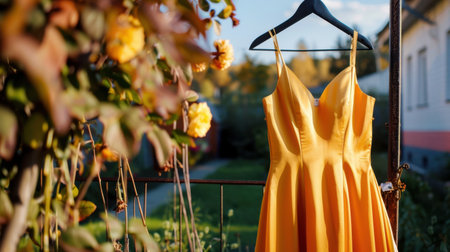 A stunning yellow dress elegantly hangs on a hanger, framed by blooming flowers in a peaceful garden during sunset, capturing beauty and tranquility.の素材