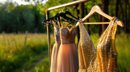 Beautiful evening dresses are displayed on hangers amidst lush greenery, illuminated by soft sunlight, creating a serene and elegant atmosphere in nature.の素材