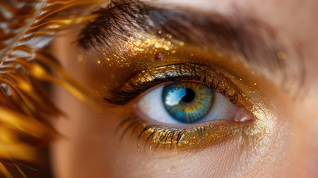 A captivating close-up image showcasing a woman's eye adorned with vibrant gold eye makeup, revealing a striking blue iris and soft natural light.の素材