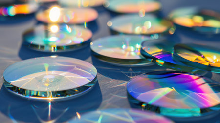 A captivating array of colorful optical lenses displaying intricate reflections and rainbow effects on a smooth surface, highlighting artistic beauty.の素材