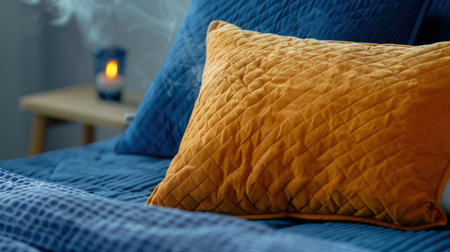 A cozy and inviting bedroom scene featuring an orange quilted pillow resting on rich blue bedding, complemented by soft candlelight in the background, creating a tranquil atmosphere.の素材