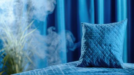 A charming blue pillow rests on a blue quilted bed, amidst soft smoke and flowing curtains, creating a serene and cozy atmosphere perfect for relaxation.の素材