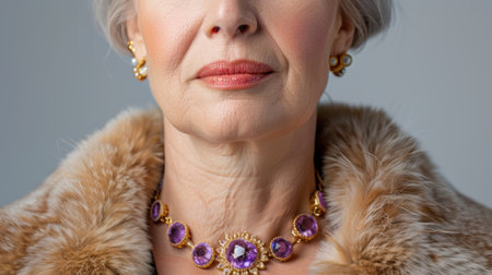 This stunning portrait features an elegant mature woman showcasing lavish jewelry and a faux fur accent, embodying sophistication and timeless beauty.の素材